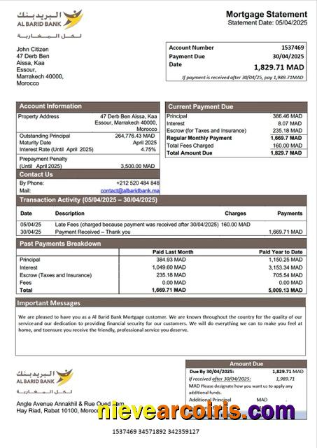 Morocco Al Barid Bank mortgage statement Word and PDF template